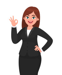 Beautiful business woman showing / gesturing okay / OK sign. Woman in formal black suit isolated white background. Businesswoman concept illustration in vector cartoon style.