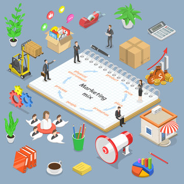Isometric flat vector concept of marketing mix model, business concept strategy.