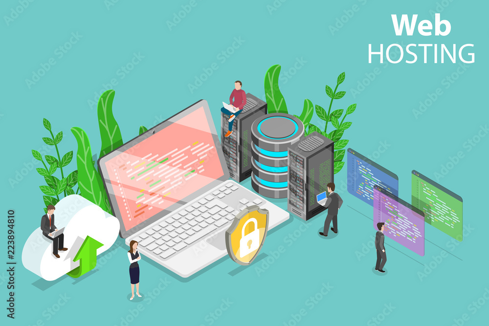 Aufkleber isometric flat vector concept of web hosting service, cloud computing, data center.