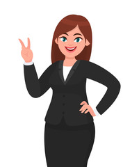 Successful happy businesswoman showing / gesturing V or victory sign. Businesswoman showing two fingers. Businesswoman concept illustration in vector cartoon style.