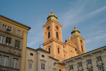 Fototapeta na wymiar Alter Dom - The Spires of the Old Cathedral in Linz, Austria