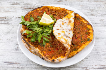 Traditional delicious Turkis food; turkish style pizza (Lahmacun)