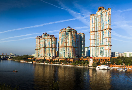 High-rise residential complex "Scarlet Sails" on the banks of the Moscow river, Moscow, Russia.