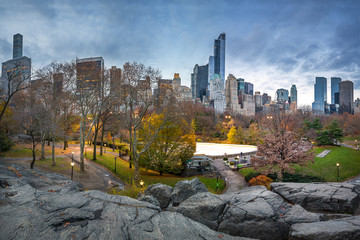 Central park in New York City at autumn morning, USA - obrazy, fototapety, plakaty