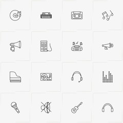 Music line icon set with synthesizer, loudspeaker and cassette player
