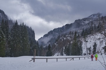 Fototapeta na wymiar para turystów spaceruje doliną górską w zimie, wycieczki w dolinach tatrzańskich, weekend w górach