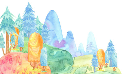 Cartoon-Aquarell-Illustration. Nette Märchennatur. Wald mit bunten Tannen, Bäumen, Bergen. Kartenvorlage