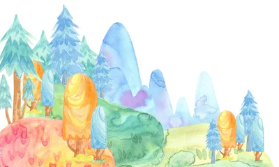 Photo sur Plexiglas Chambre de bébé Illustration aquarelle de dessin animé. Nature mignonne de conte de fées. Forêt avec sapins colorés, arbres, montagnes. modèle de carte