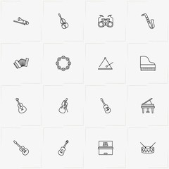 Musical Instruments line icon set with guitar , musical triangle  and tambourine