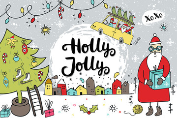 New Year banner template - cute and fun Santa, hand drawn lettering, Christmas tree and decorations.