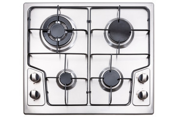 Kitchen surface in stainless steel with metal grill. View from above.