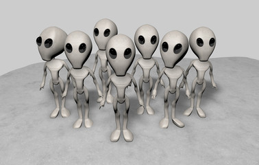 Gruppo di alieni grigi su fondo neutro, 3D rendering