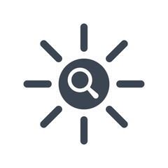 Sun icon, brightness, electric, light concept icon with research sign. Sun icon and explore, find, inspect symbol