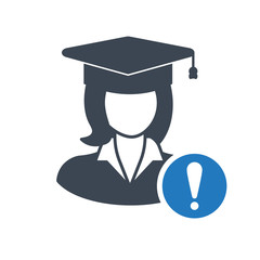 Female Student icon, graduation cap, education concept icon with exclamation mark. Student icon and alert, error, alarm, danger symbol