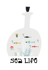 Underwater world in a bottle with seaweed and fish.