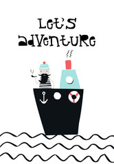 Let's adventure -  the captain on the ship at sea smokes a pipe.