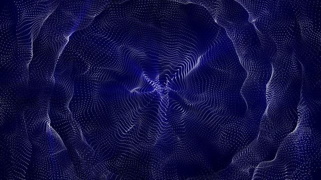 slowly moving white particles with blue rays on a black background. abstract background. 3D rendering