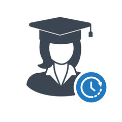 Female Student icon, graduation cap, education concept icon with time sign. Student icon and countdown, deadline, schedule, planning symbol