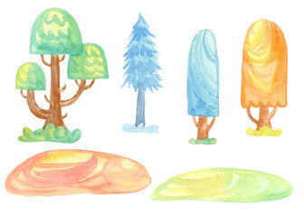 Cartoon watercolor illustration. Lovely fairytale nature. Set of spruce, trees, stones isolated on white background