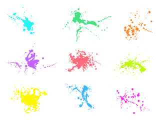 Grunge splatter set. Ink stains design elements. Spray splashes collection. Liquid stains isolated. Abstract vector illustration.