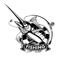 Marlin fish logo.Sword fishing emblem for sport club. Angry fish background theme vector illustration.