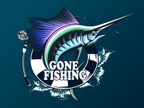Marlin fish logo.Sword fishing emblem for sport club. Angry fish background theme vector illustration.