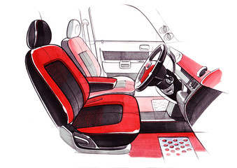 Naklejka premium Drawing of the exclusive interior design of the car with the elaboration of all the elements of the modern passenger compartment of the vehicle.