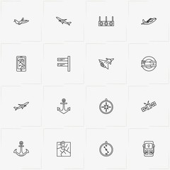 Navigation line icon set with mobile tracking location , cutlery  and satellite