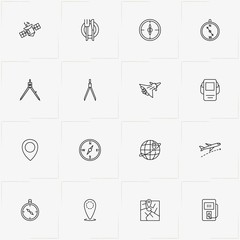Navigation line icon set with worldwide location , compass and cutlery