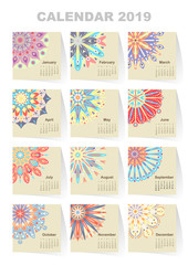 Fototapeta premium Calendar for 2019 year. Vintage decorative mandala elements. Week starts on sunday. Vintage style template for your design.