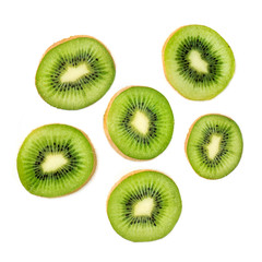 Kiwi fruit Slices macro.  Ripe Kiwi fruit isolated on white background. Fresh tropical abstract background