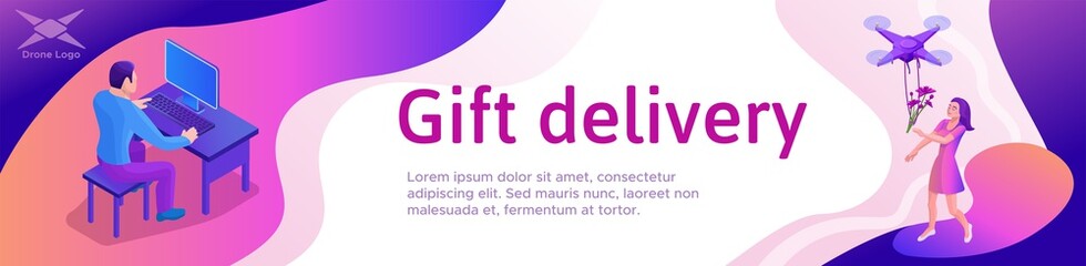 Gift delivery banner with romantic couple, man sending present to girl by autonomous drone, copter delivering flowers, 3d isometric vector illustration with people and modern technolodgy device