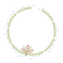 Christmas wreath circle with twigs of fir snowflakes and red berries isolated vector on white background.