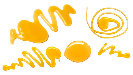 Set of Honey spots   isolated on white background. Sweet  Honey pouring drops