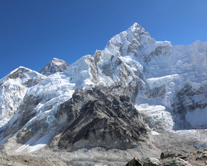 Amazing and wonderful Shot of Nepalese Himalayas mountain peaks covered with white snow attract many climbers, some of them highly experienced 