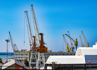 Fototapeta premium cranes in the port of Genoa for the loading and unloading of merchant ships. Italy