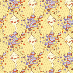 Cute happy girl with flowers seamless pattern, vector illustration