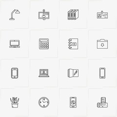Office line icon set with plant in pot, calculator and fax machine