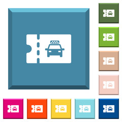 Taxi discount coupon white icons on edged square buttons