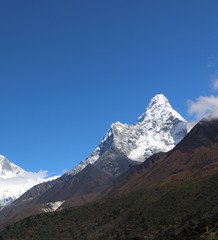Fototapeta na wymiar Amazing and Wonderful view of mountain Ama Dablam in the Mount Everest range, iconic peak of Everest trekking route, eastern Nepal
