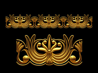 golden, ornamental segment, “edged", straight version for frieze, frame or border. 3d illustration, separated on black