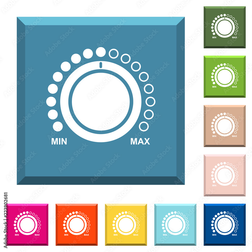 Poster volume control with captions white icons on edged square buttons