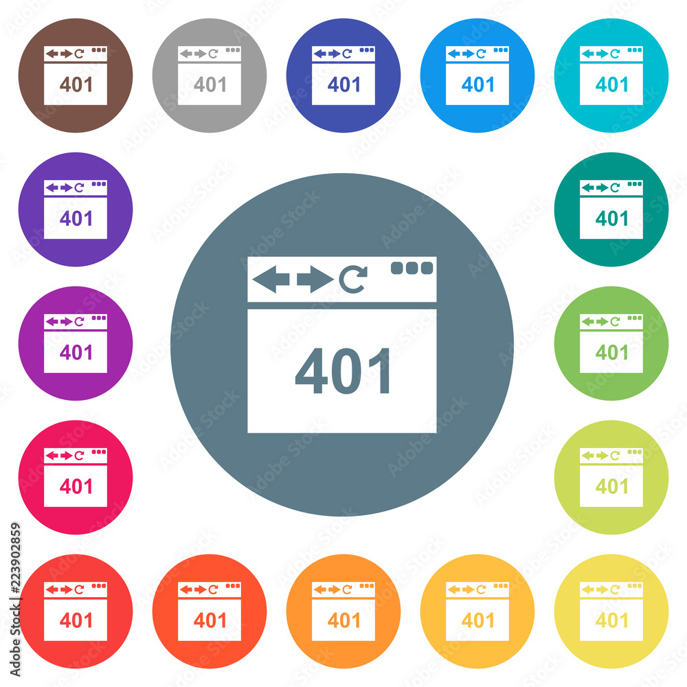 Poster browser 401 unauthorized flat white icons on round color backgrounds