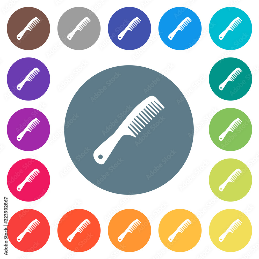 Poster comb with handle flat white icons on round color backgrounds