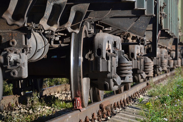Fototapeta premium Wheels of a freight railway car close-up. Russia