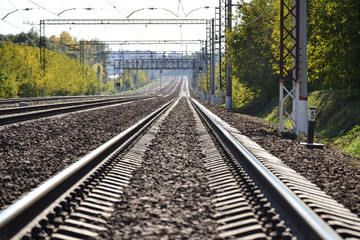 Fototapeta na wymiar railway goes into the distance. Sunny day. Many ways. Moscow region. Russia