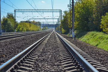 railway goes into the distance. Sunny day. Many ways. Moscow region. Russia