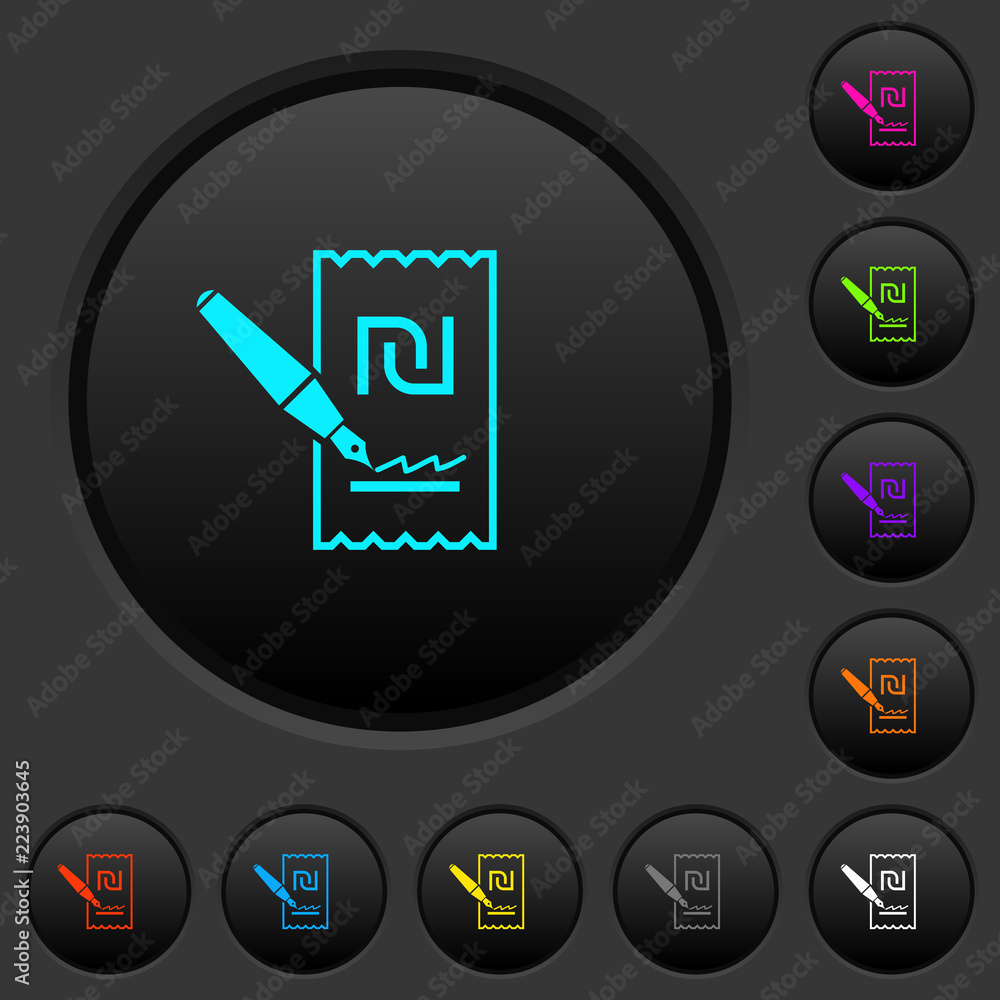 Poster signing new shekel cheque dark push buttons with color icons