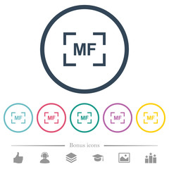 Camera manal focus mode flat color icons in round outlines