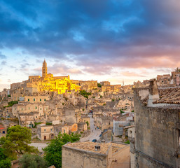 panorama of the medieval town of Matera at sunset, Italy. Europe